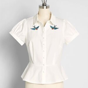Collectif White Button Down Shirt with Bird Embroidery Large